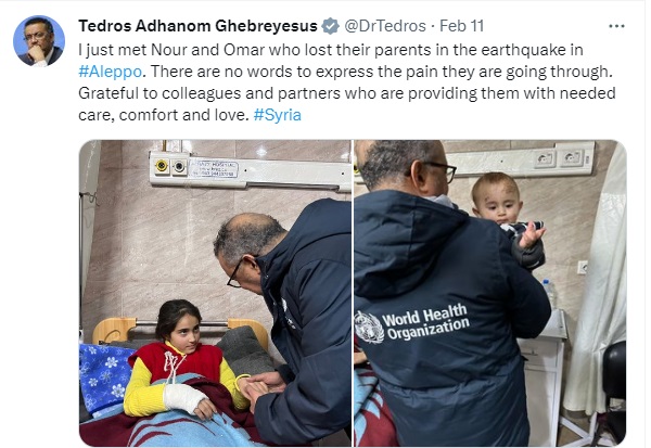 Syria Earthquake: WHO’s Tedros Brings Tons of Aid, Visits Aleppo, Meets Dr Assad